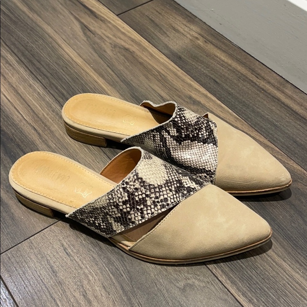 Nude slip on shoes with snake skin accents